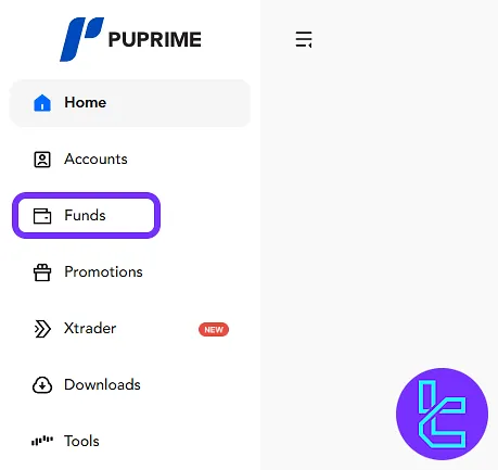 PU Prime dashboard showing "Funds" section for TRC20 payout