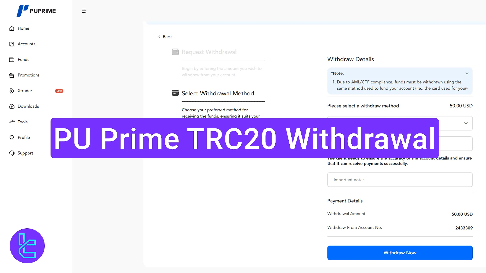 TRC20-based USDT payout process in PU Prime