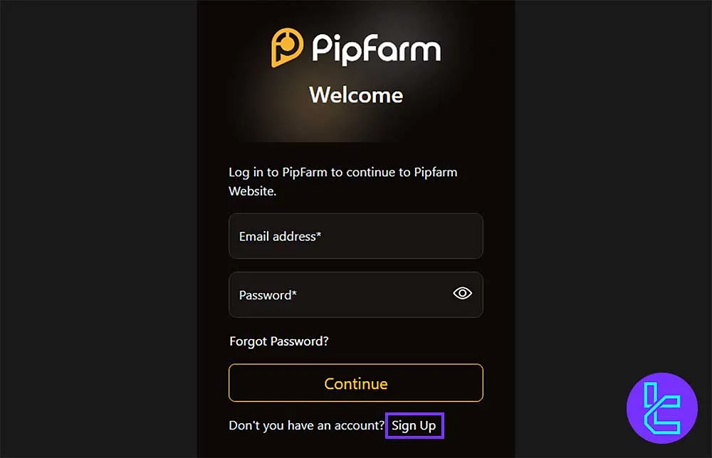 PipFarm Login Page with Sign Up Option