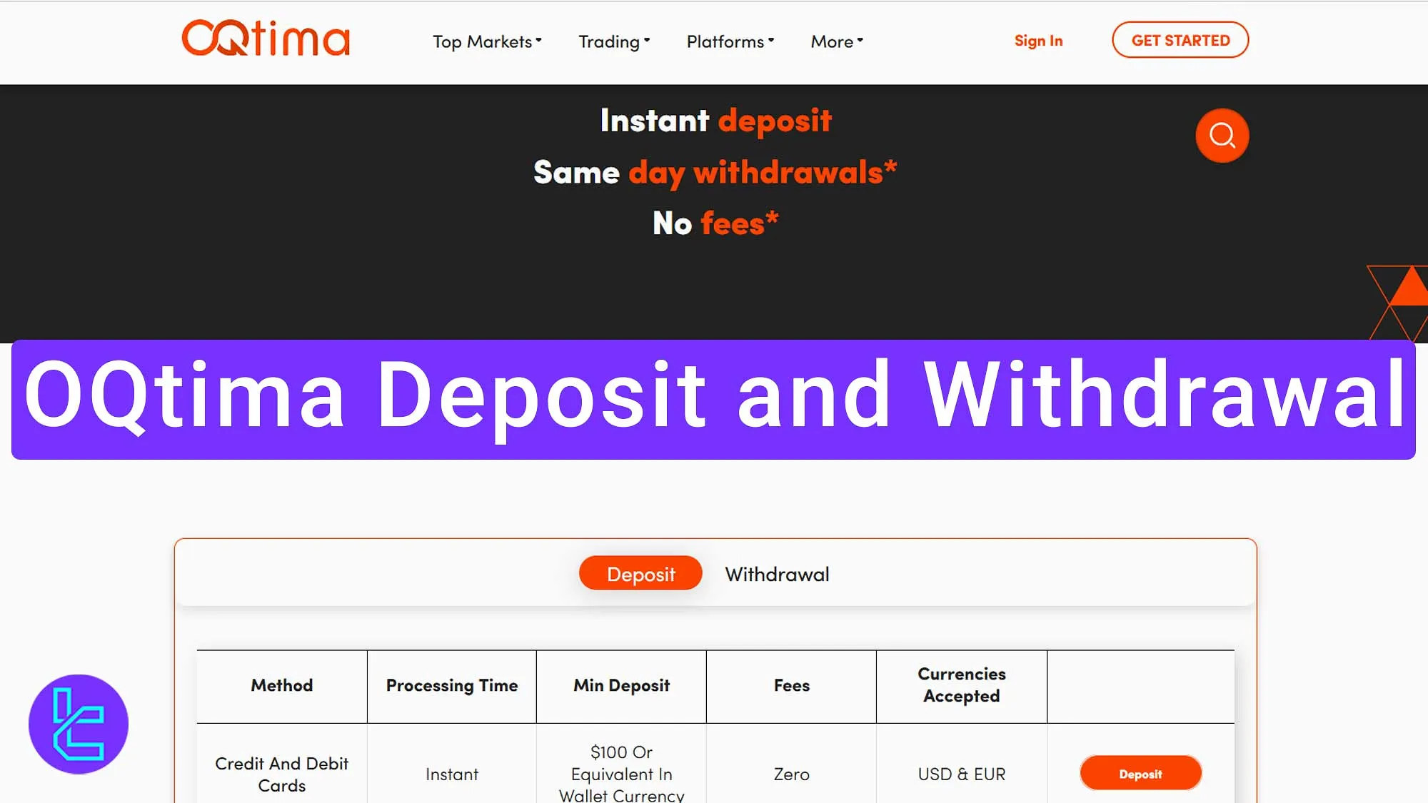 OQtima Deposit and Withdrawal