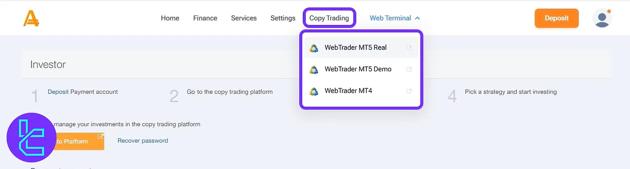 Amarkets MT4/MT5 web access options on the user’s panel