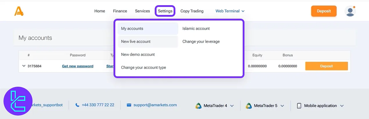 Amarkets "Settings" section on the dashboard