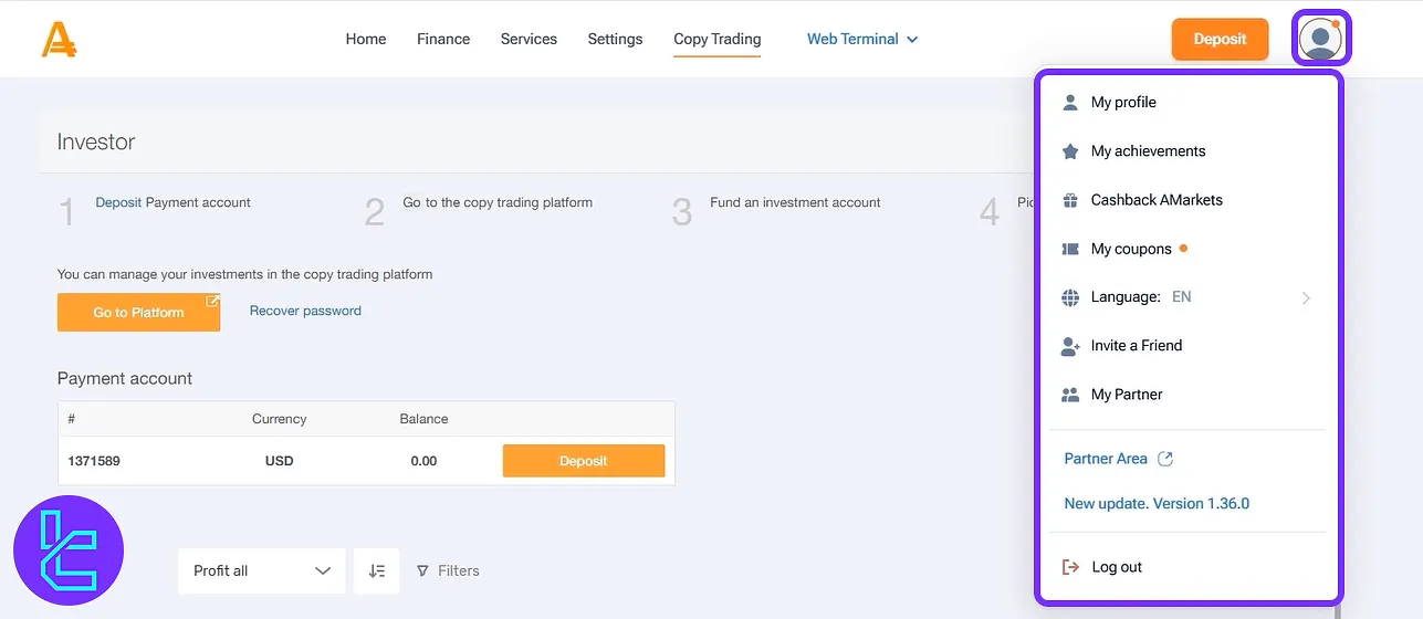Amarkets user profile controls and bonus features on the dashboard