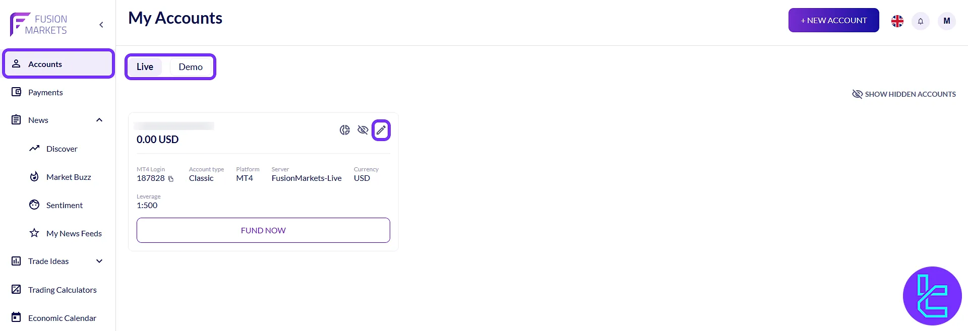 Fusion Markets client’s area accounts section