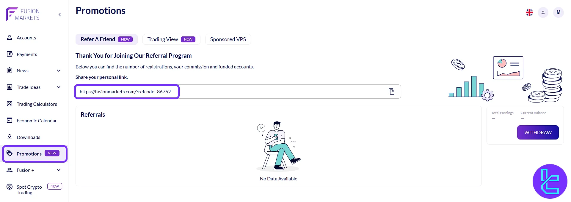 Promotion and affiliate tools in the Fusion Markets user area