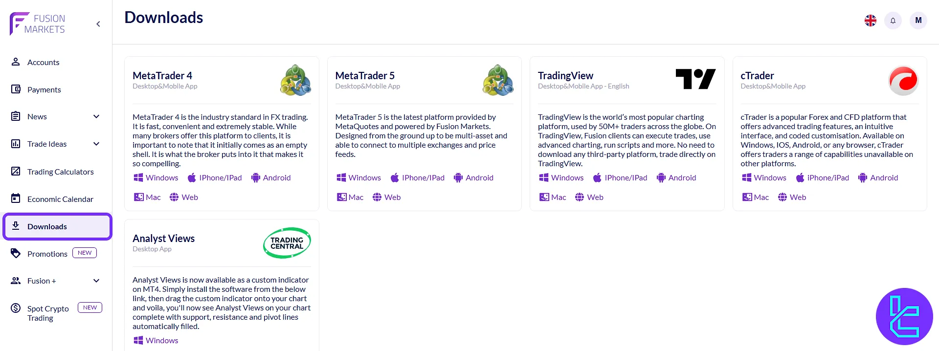 Platform download center in the Fusion Markets interface