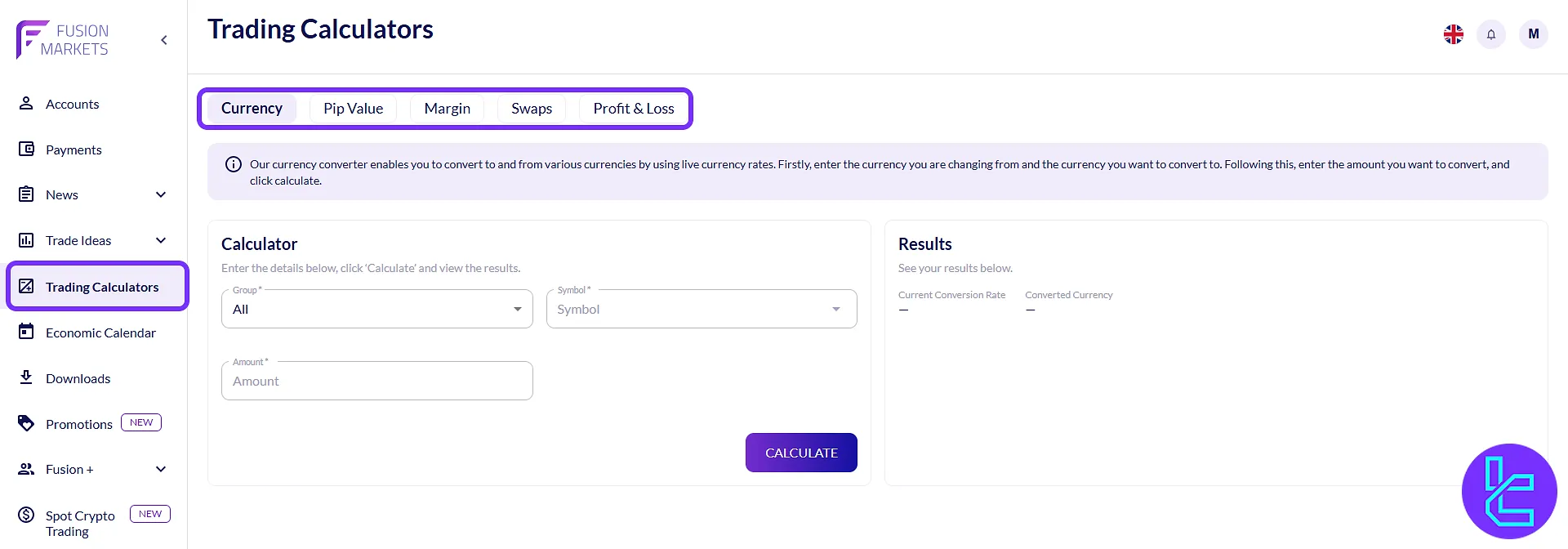 Built-in calculators for financial planning in the Fusion Markets panel