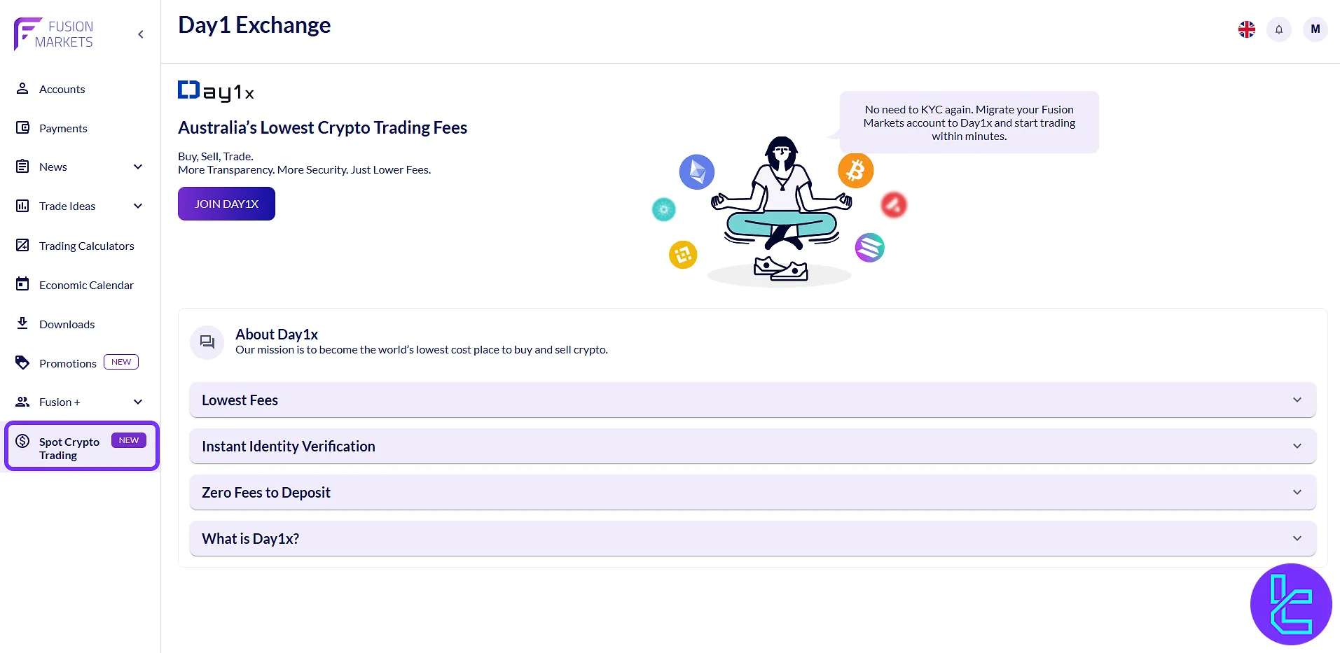 Fusion Markets crypto exchange integration in the dashboard