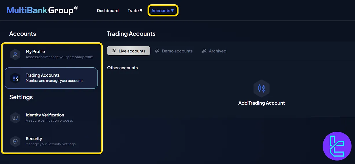 MultiBank settings and account management options in the dashboard