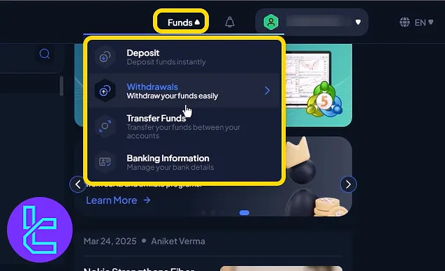 MultiBank trading cabin "Funds" menu with deposit, withdrawal, and transfer options.