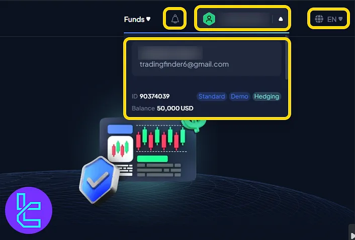 MultiBank panel top-right user menu with account ID, balance info, notification, and language selection