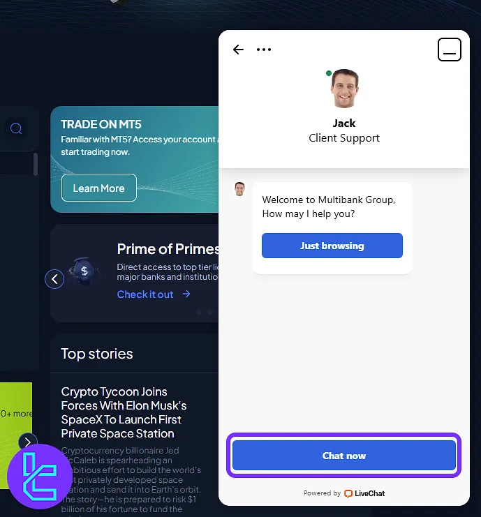 MultiBank trading cabin live chat support window open