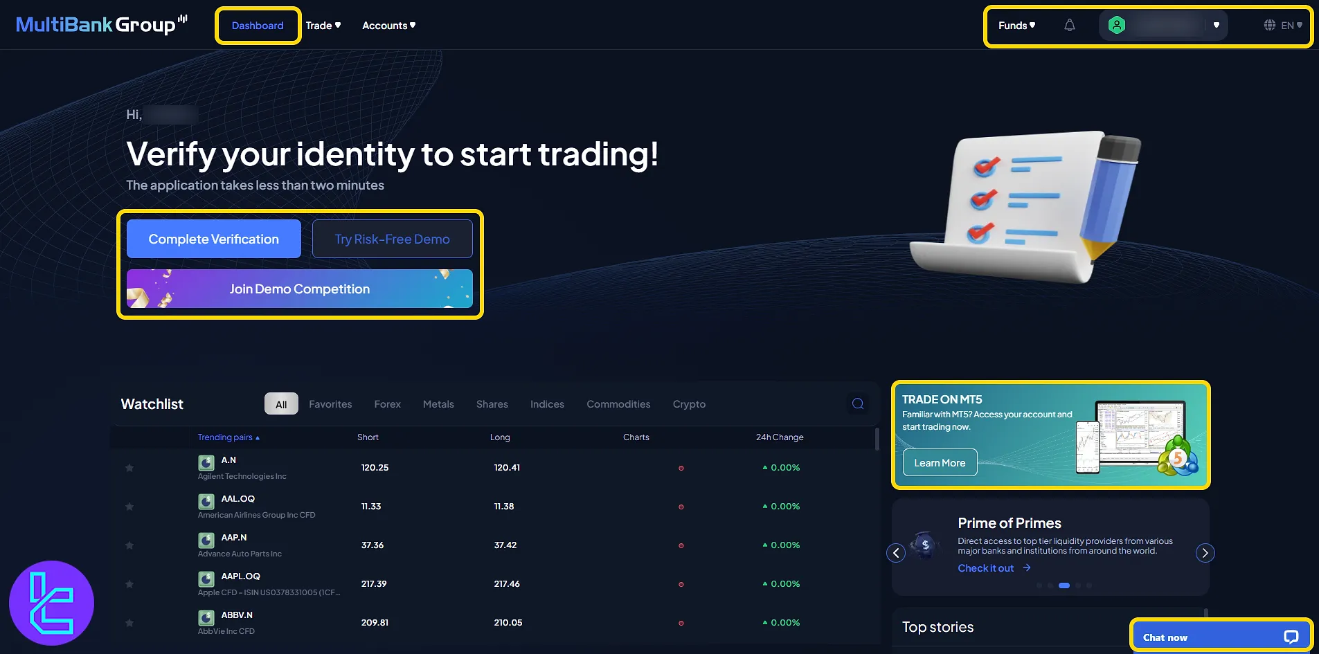 Main panel of the MultiBank user area with tools and sections