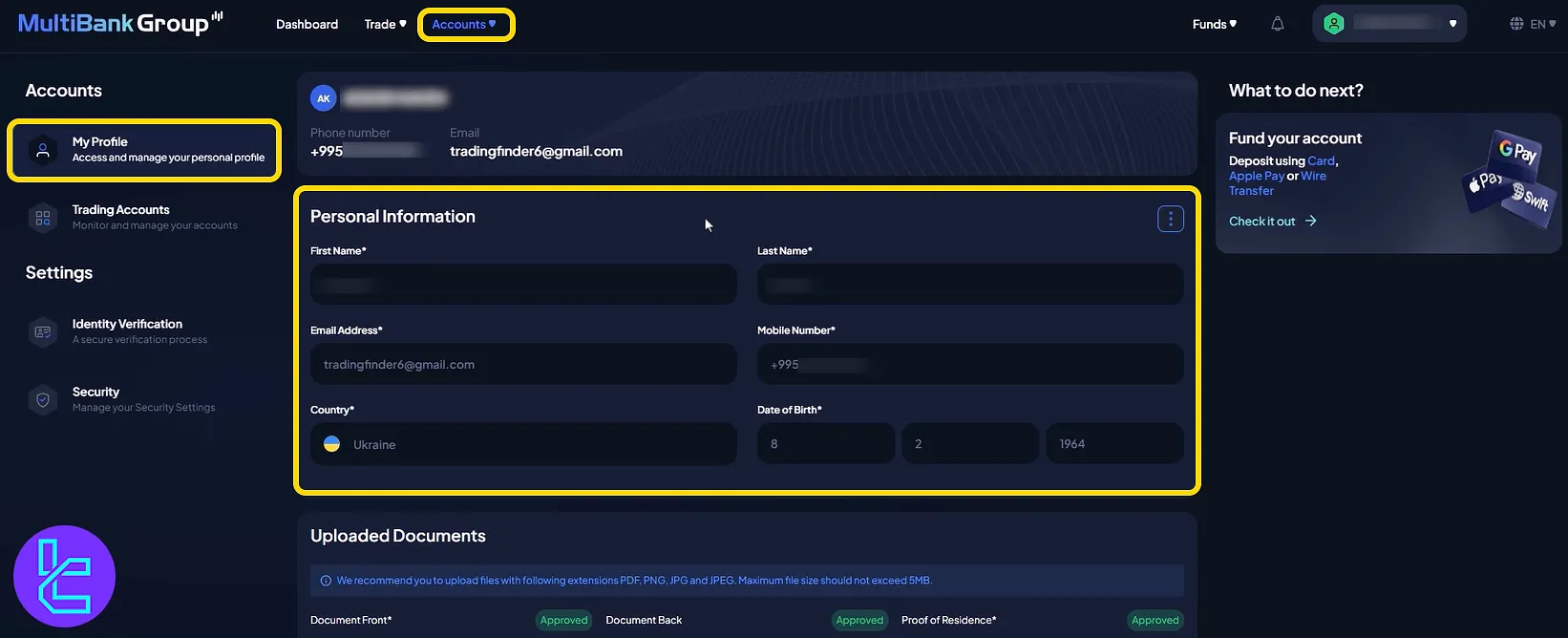MultiBank dashboard "Accounts" section showing personal profile and settings
