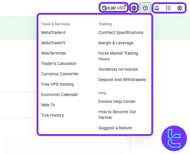 Exness trading cabin top-right menu with tools, wallet balance, language, and profile access.
