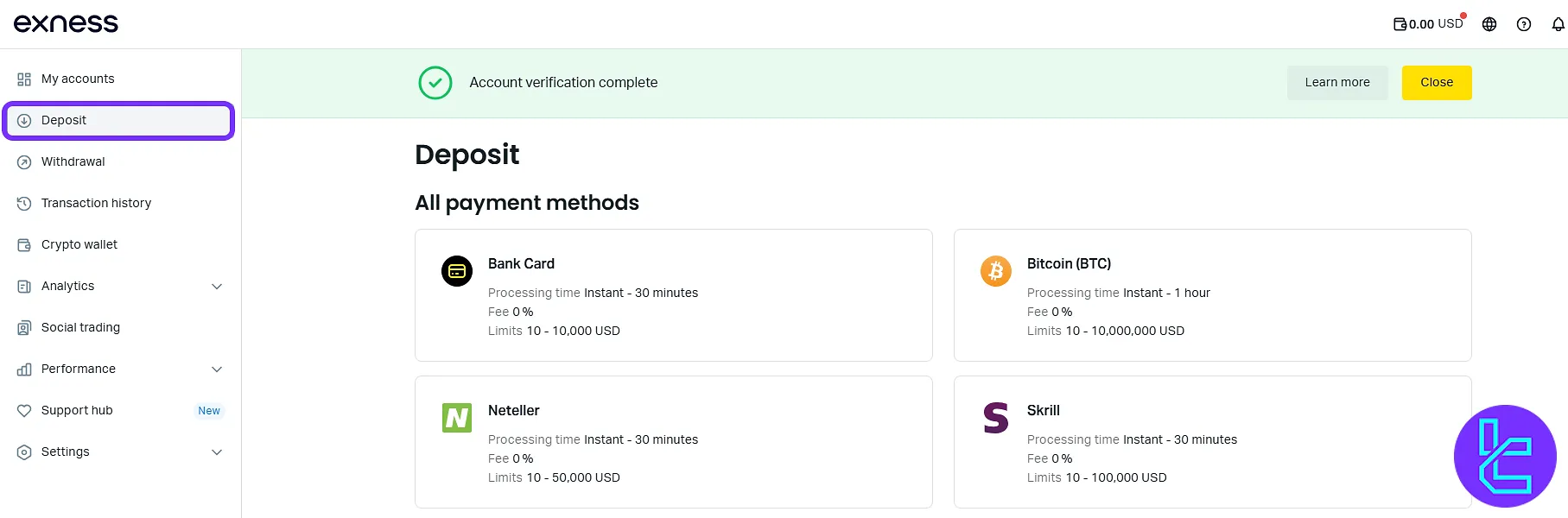 Exness funding panel showing deposit options and methods