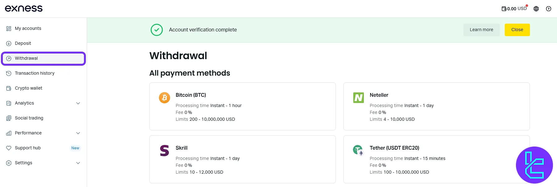 Exness fund withdrawal panel with supported methods and info