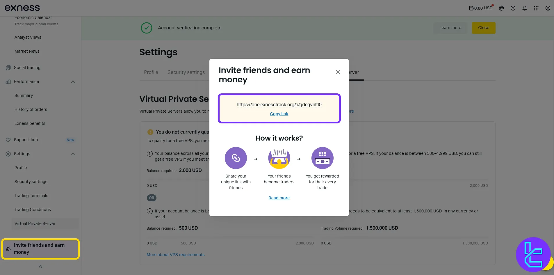 Exness referral popup in the panel showing invite link and how the reward program works