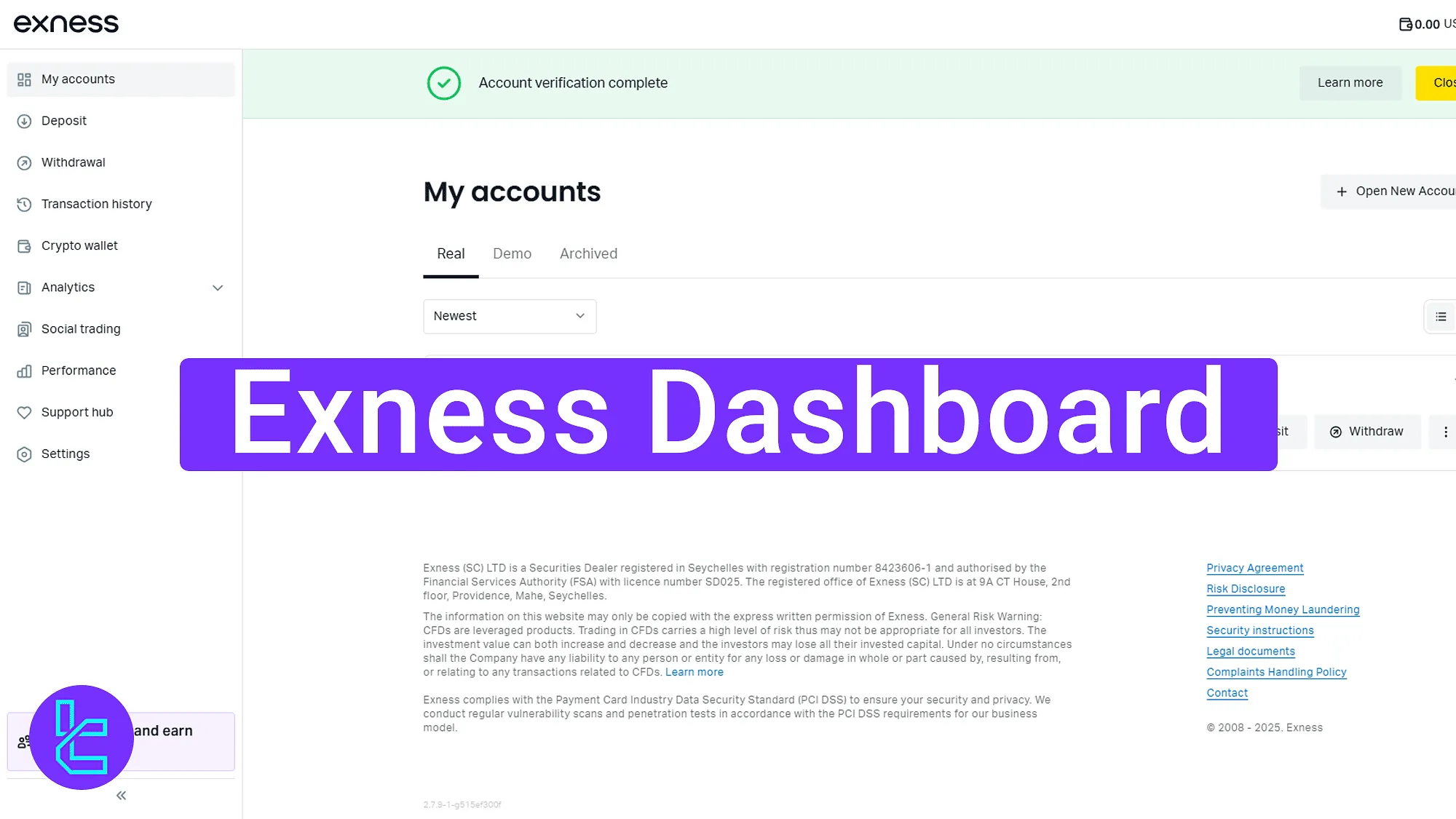 Exness user panel main interface and navigation layout
