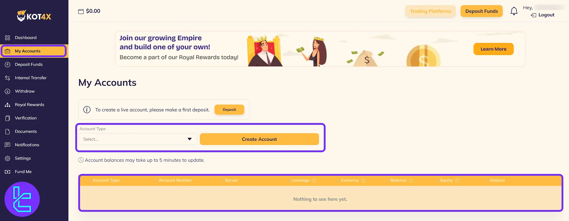 KOT4X trading cabin account creation and management