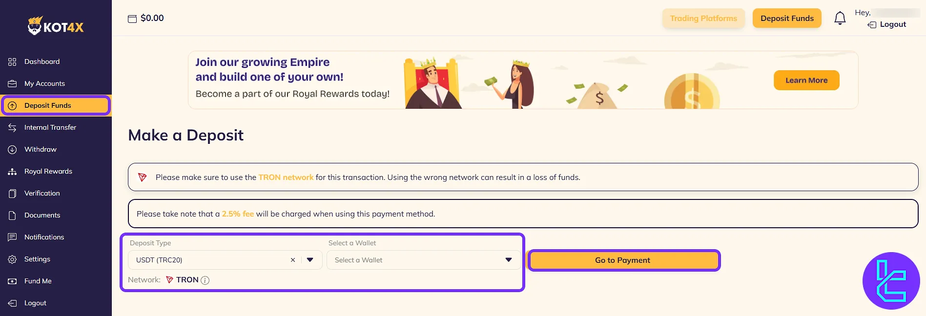 KOT4X trading cabin deposit interface