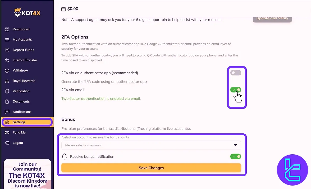 KOT4X trading cabin security and bonus settings