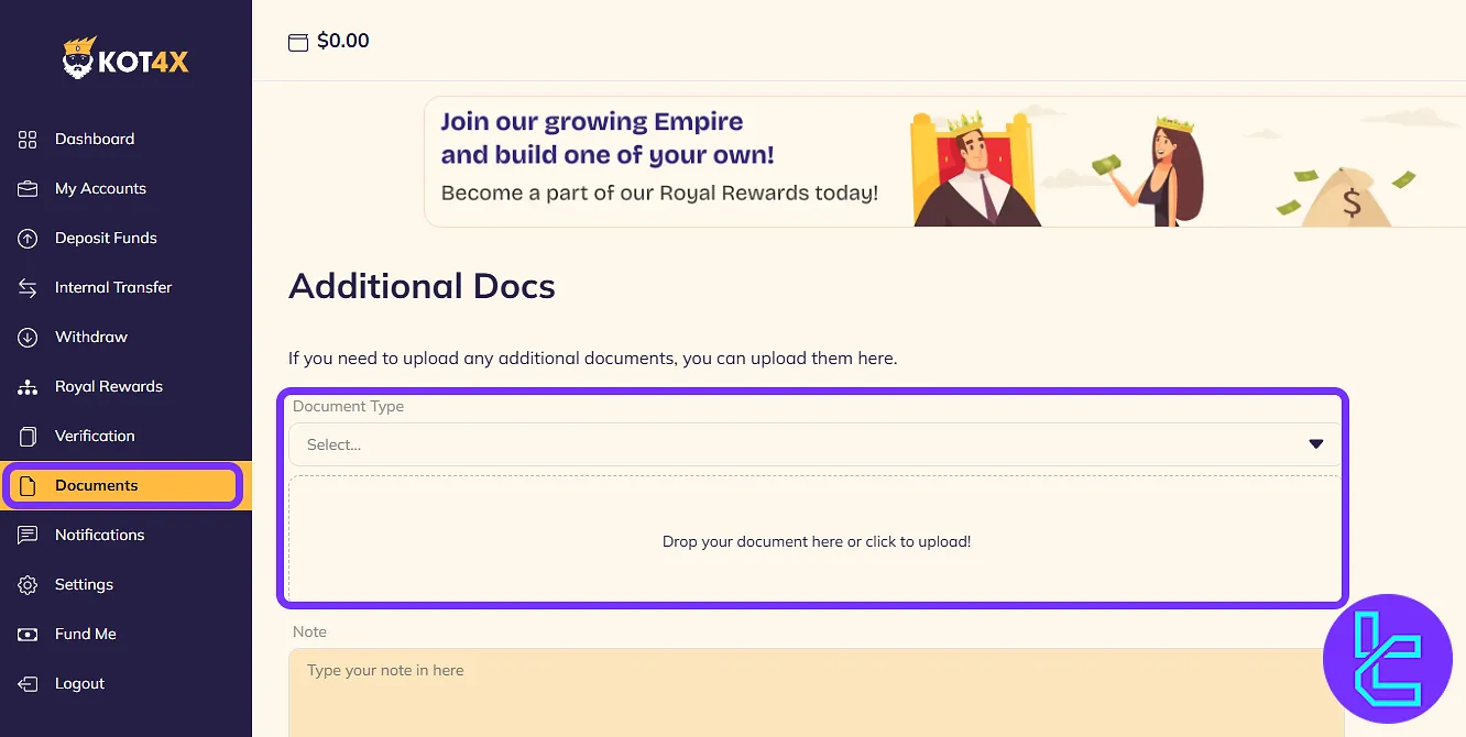 KOT4X dashboard document upload panel for the verification