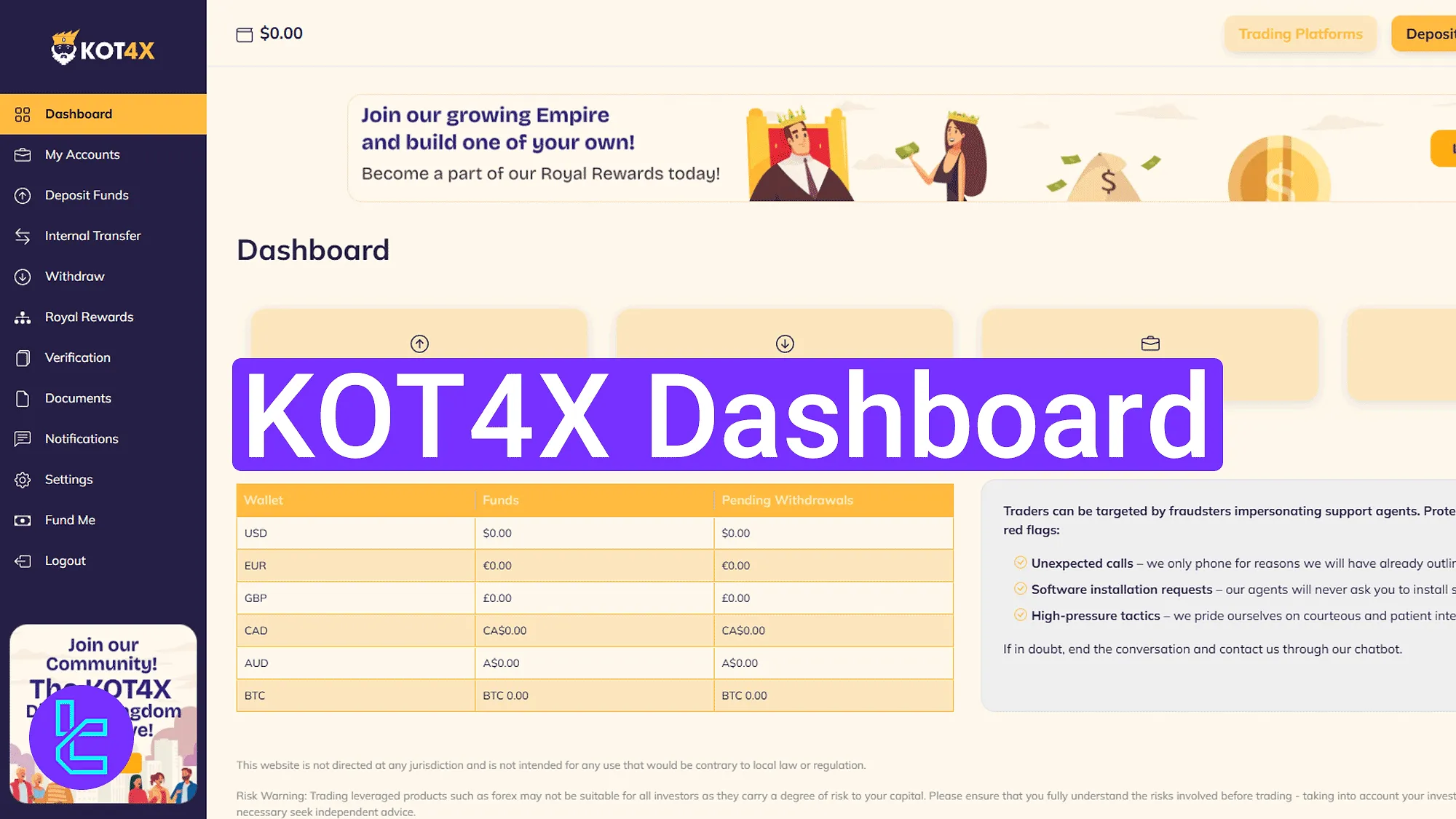 KOT4X trading cabin overview with wallet management and main shortcuts