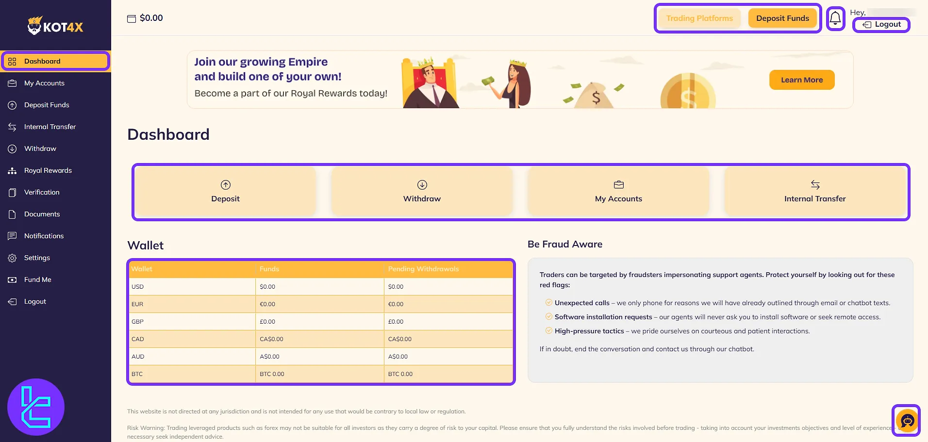 KOT4X trading cabin with deposit shortcut and wallet overview