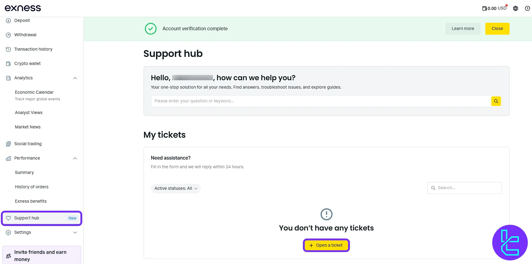 Exness support panel for managing help tickets and user queries