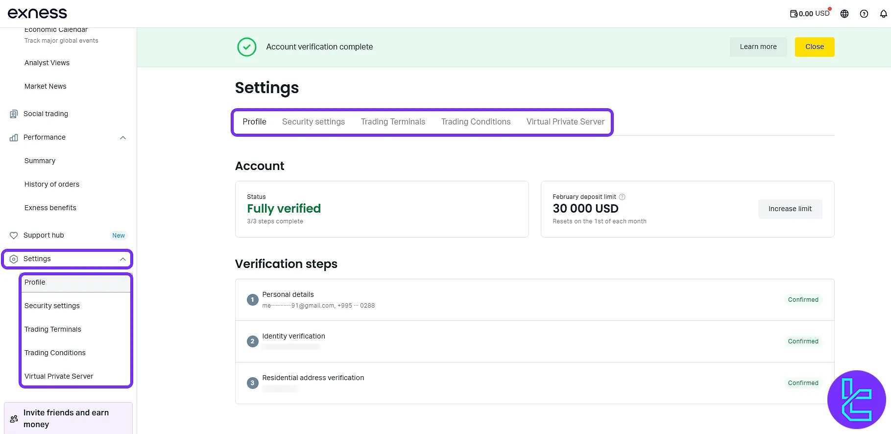 User preference and configuration panel in the Exness platform