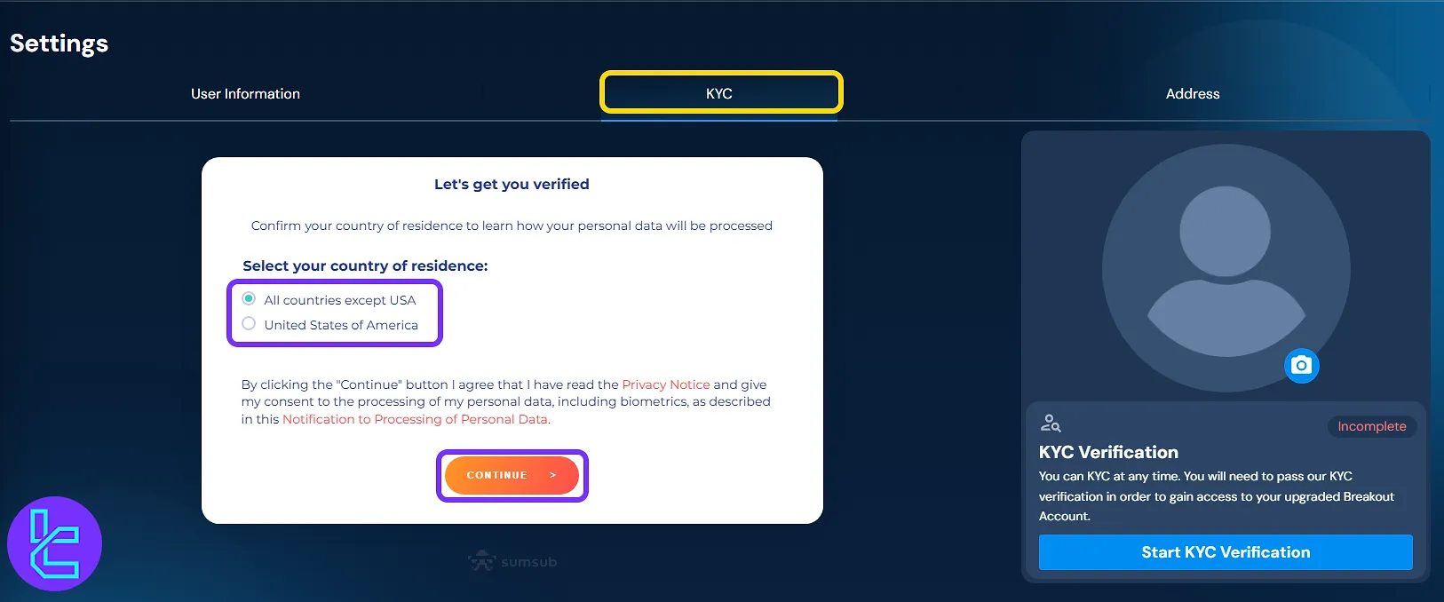 Country selection step for the Breakout identity approval