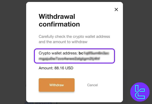 Confirmation screen AMarkets BTC transfer out