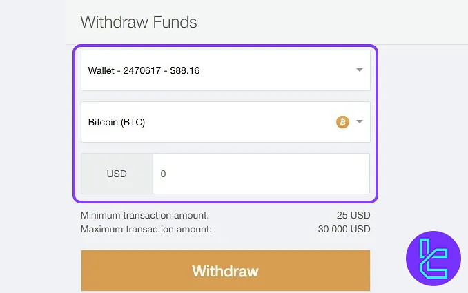 AMarkets BTC cash-out details