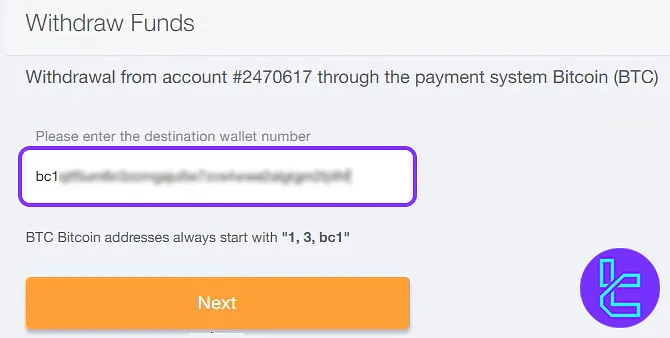 Bitcoin wallet address input AMarkets BTC transfer out