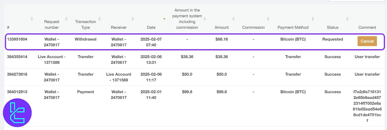 Viewing AMarkets BTC cash-out status