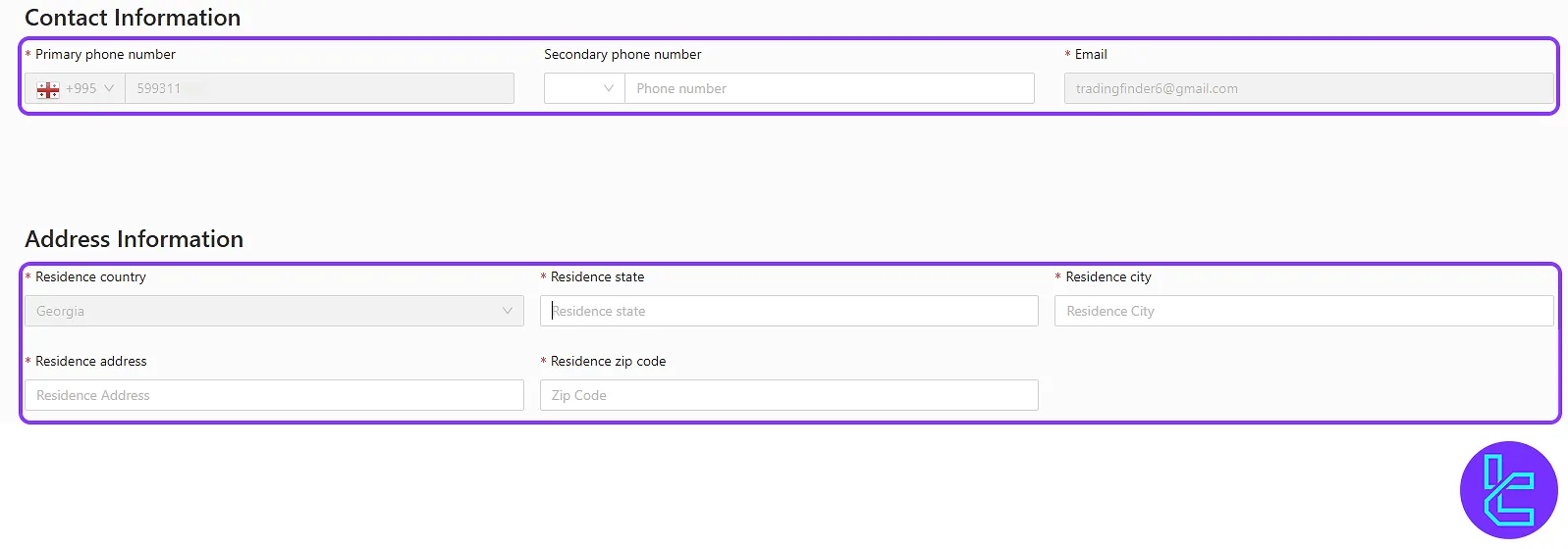 Contact form section for FXGlobe account approval