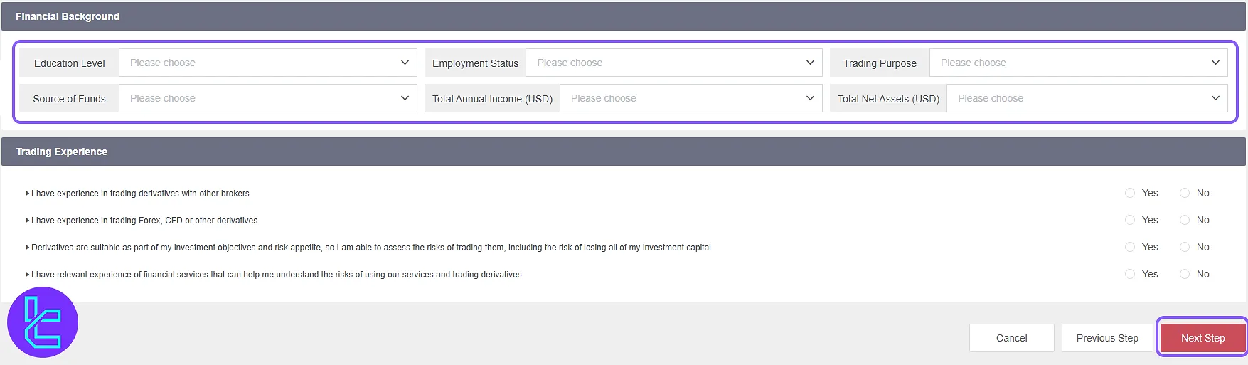 CWG Markets approval financial details form