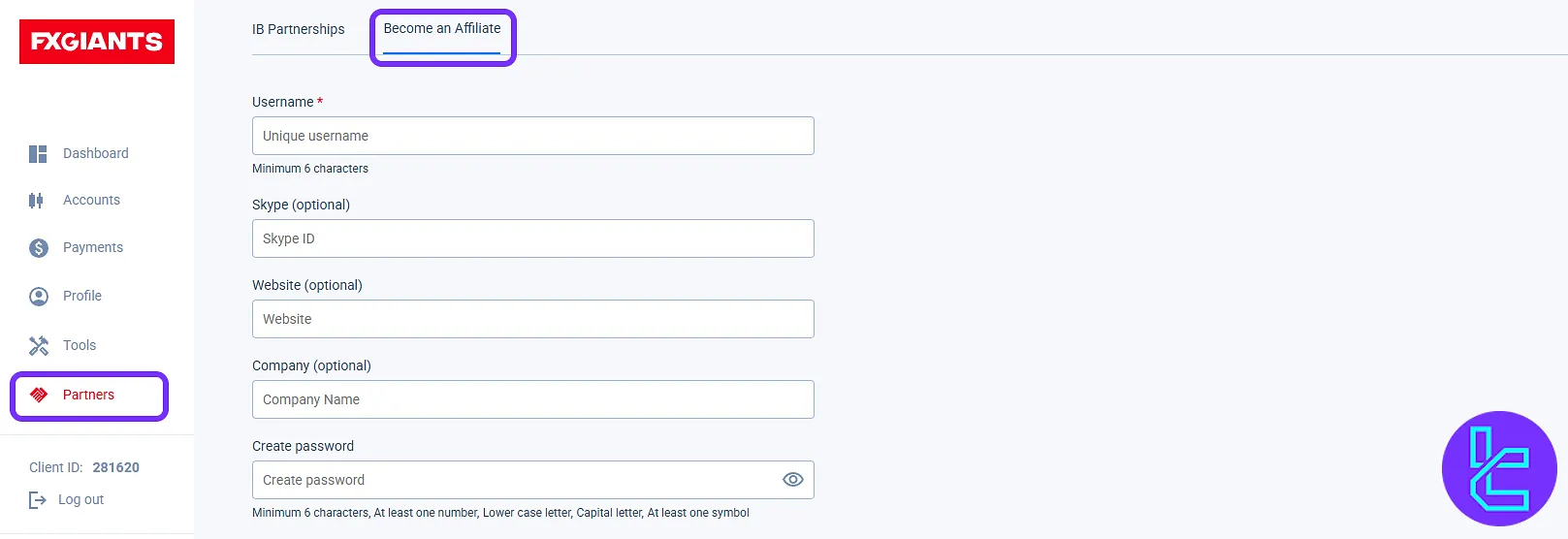 FXGiants affiliate registration panel form in the dashboard