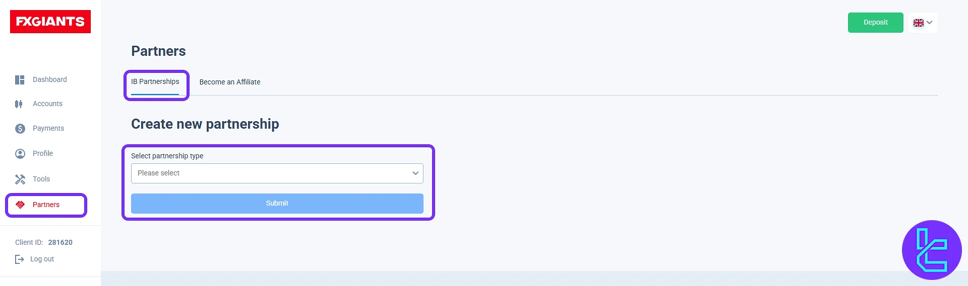 FXGiants "IB Partnership" form in the trading panel