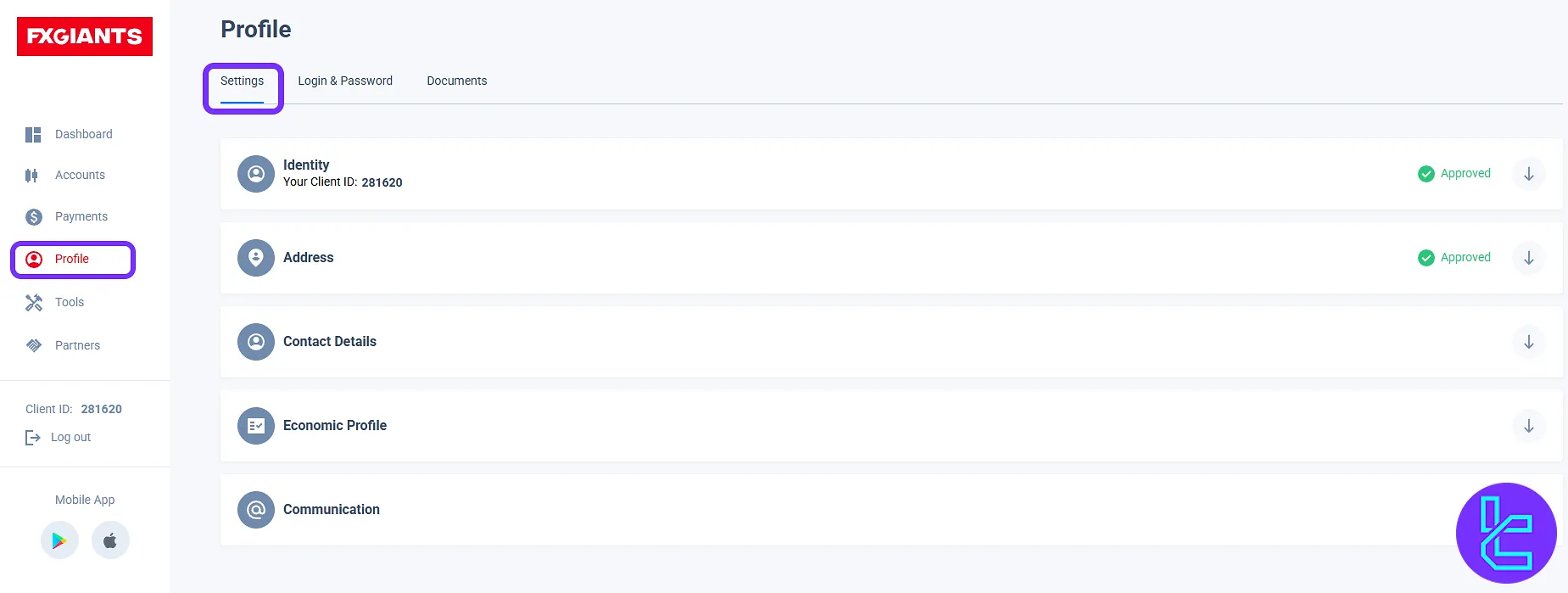 Account configuration settings in the FXGiants trading panel