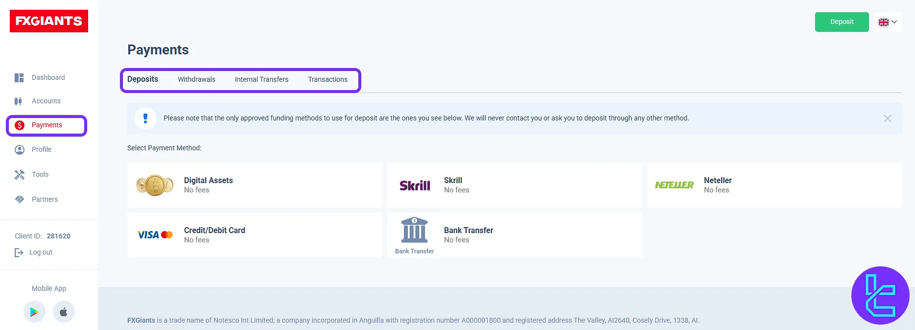 FXGiants "Payments" panel with deposit and withdrawal methods