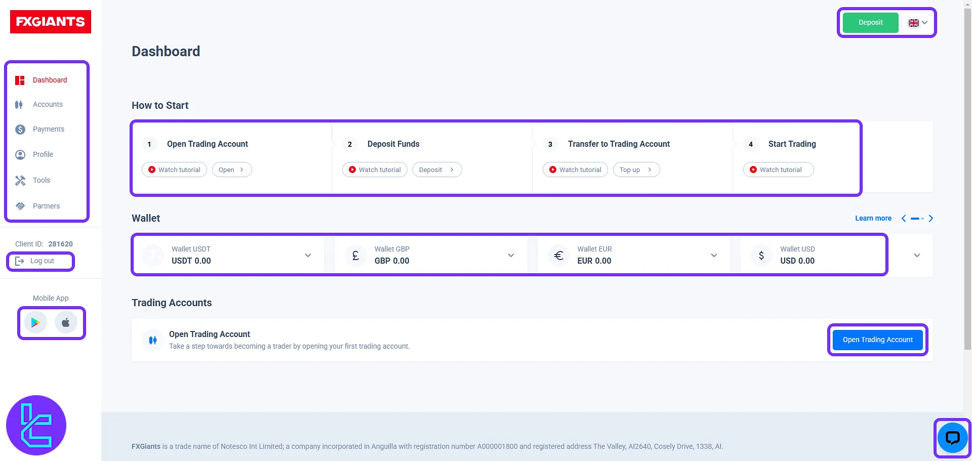 FXGiants cabin layout with account controls and help options