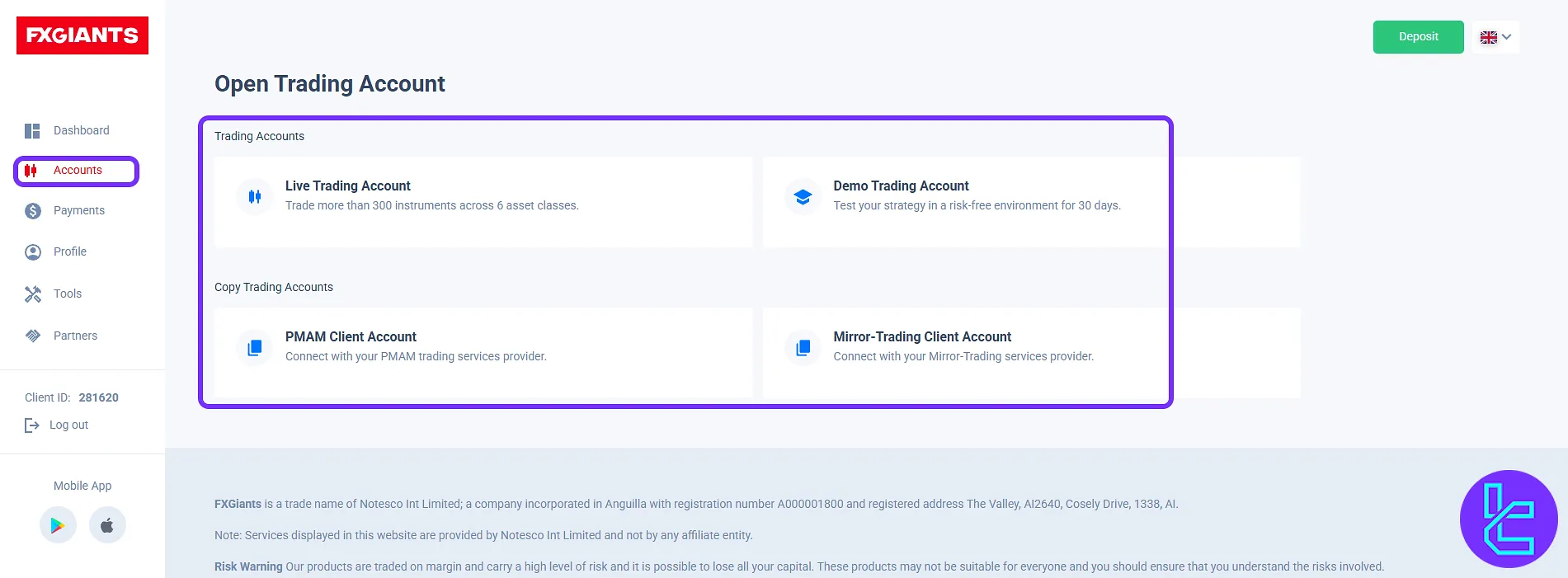 Selecting the trading account type in the FXGiants client cabinet
