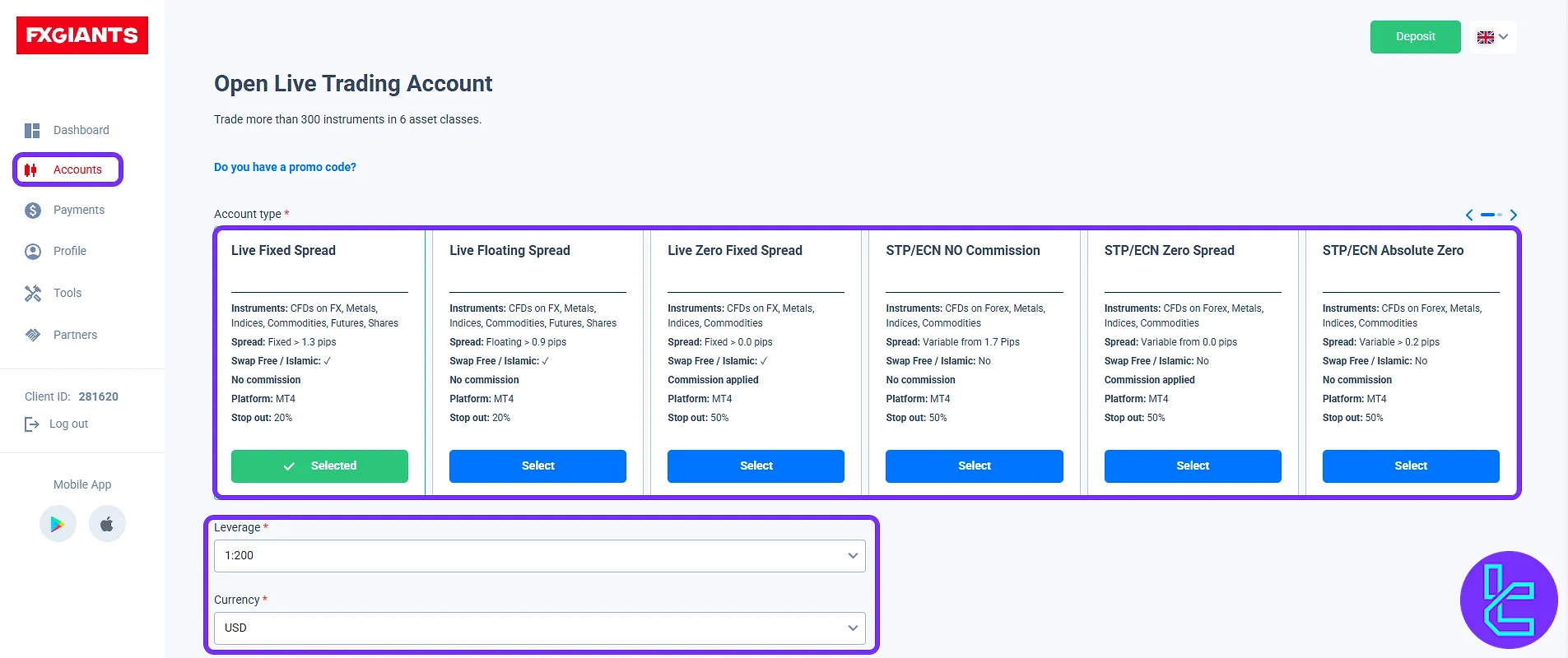 Configuring live account preferences in the FXGiants client cabinet