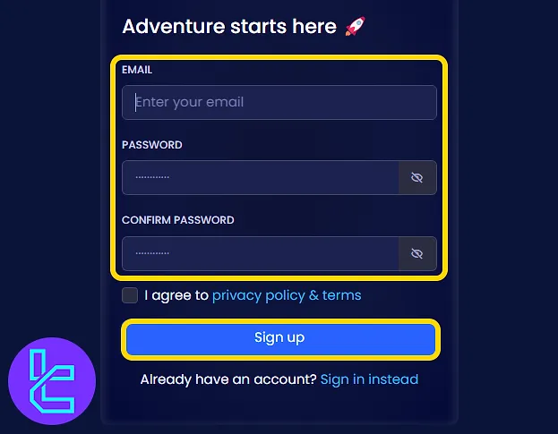 Direct Funded Trader account creation form and password setup