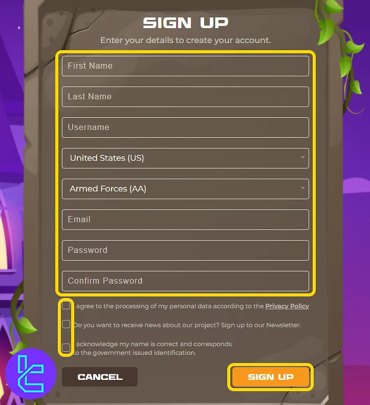 The Funded Trader sign-up form with personal details and login credentials
