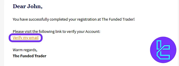 The Funded Trader confirmation email to complete the account setup process