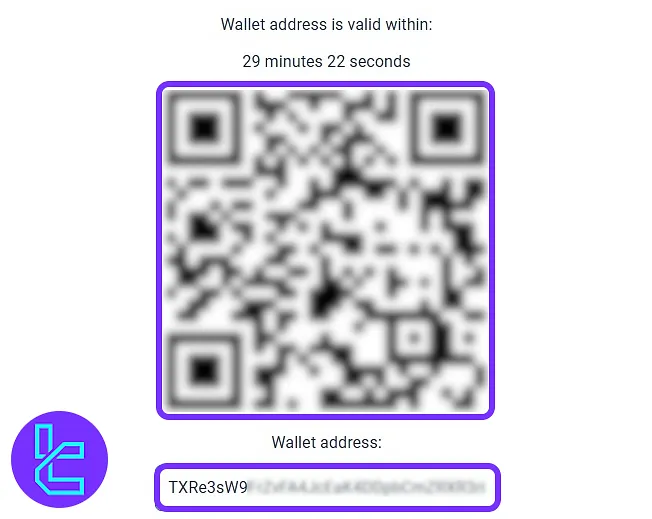 Esperio TRC20 wallet address and QR code to proceed with the funding process