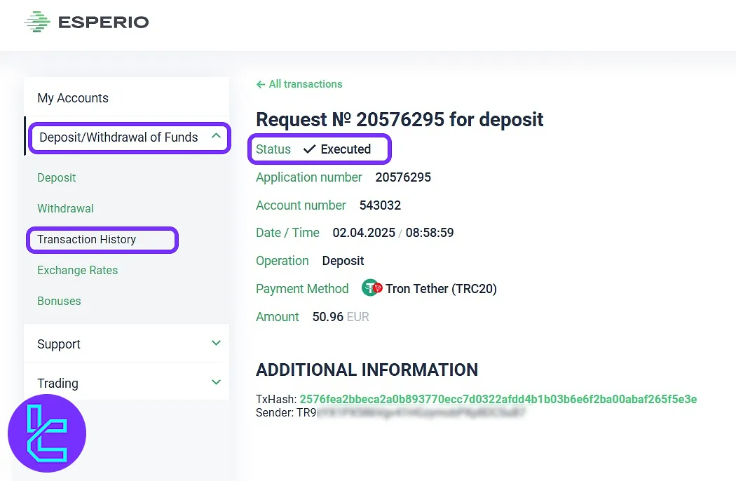 Esperio "Transaction History" shows a successful TRC20 fund transfer